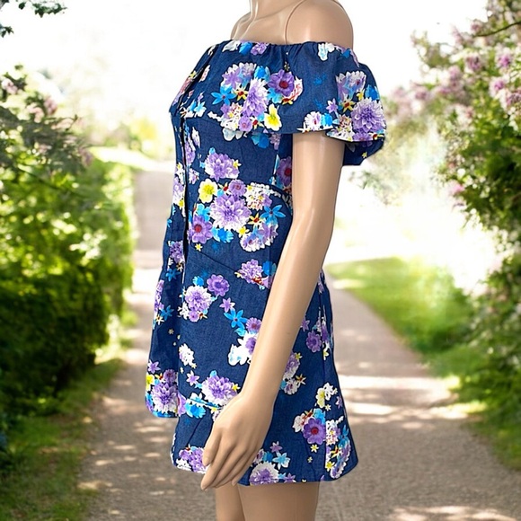NEW Diva USA Floral Chambray Blue Flutter Sleeve Dress - Picture 4 of 16